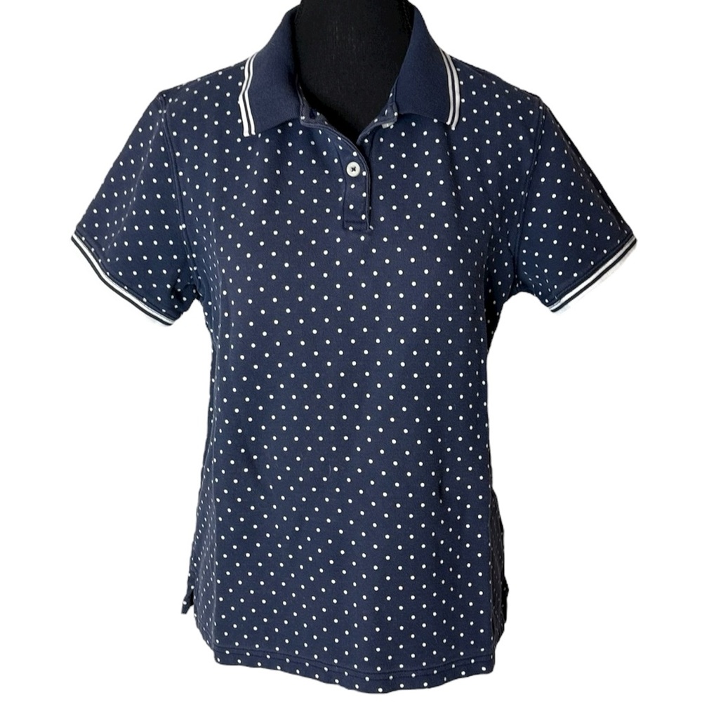L.L. BEAN Navy Blue Polka Dot Polo Shirt Relaxed Fit Short Sleeve Size Medium